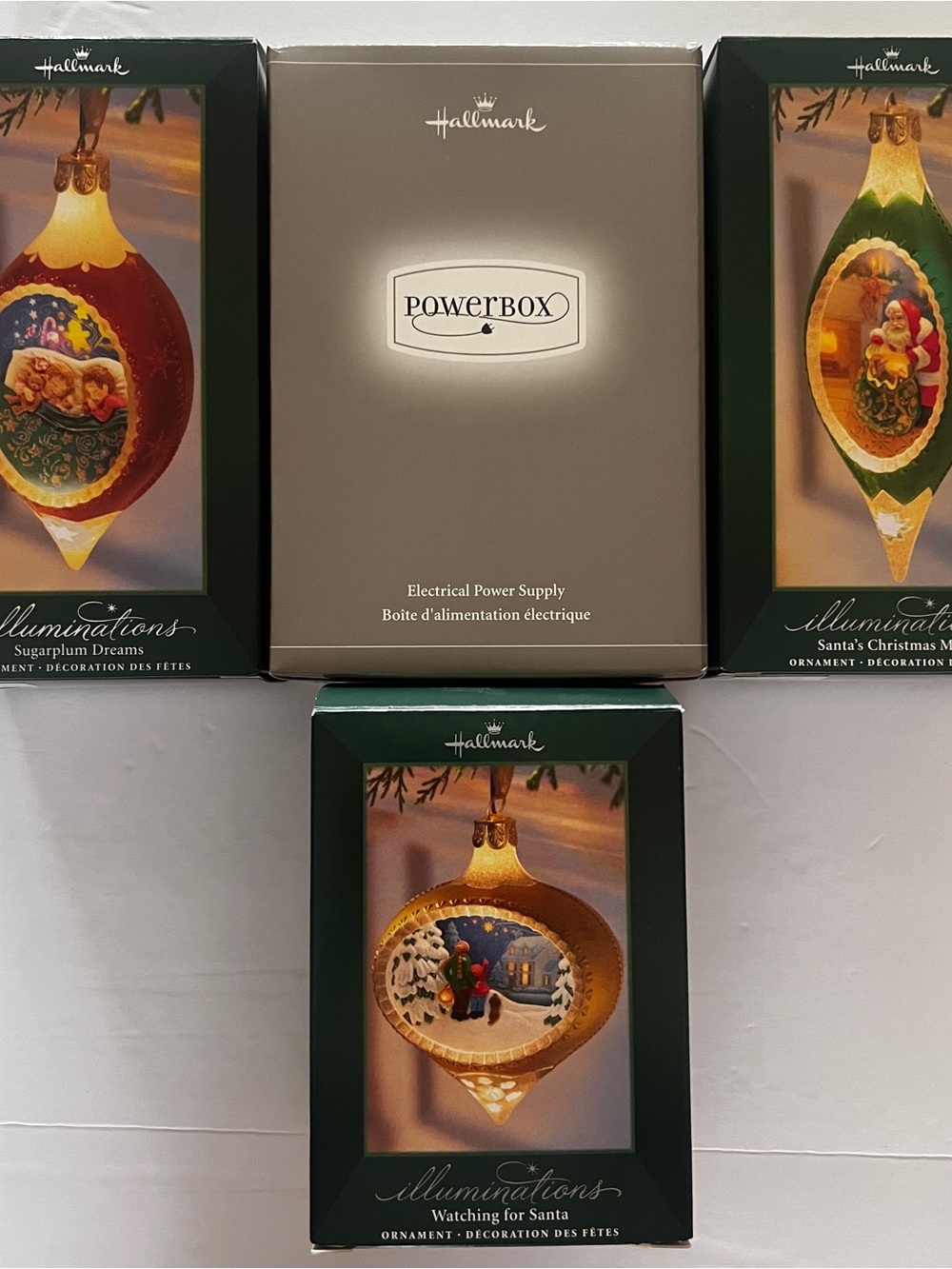 Hallmark Illuminations Light Up Christmas Ornament Set of 3 + Power Box
